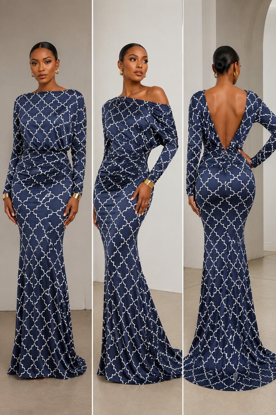 SEXY DIVA womens M blue White Stretch Multi Way Maxi Dress